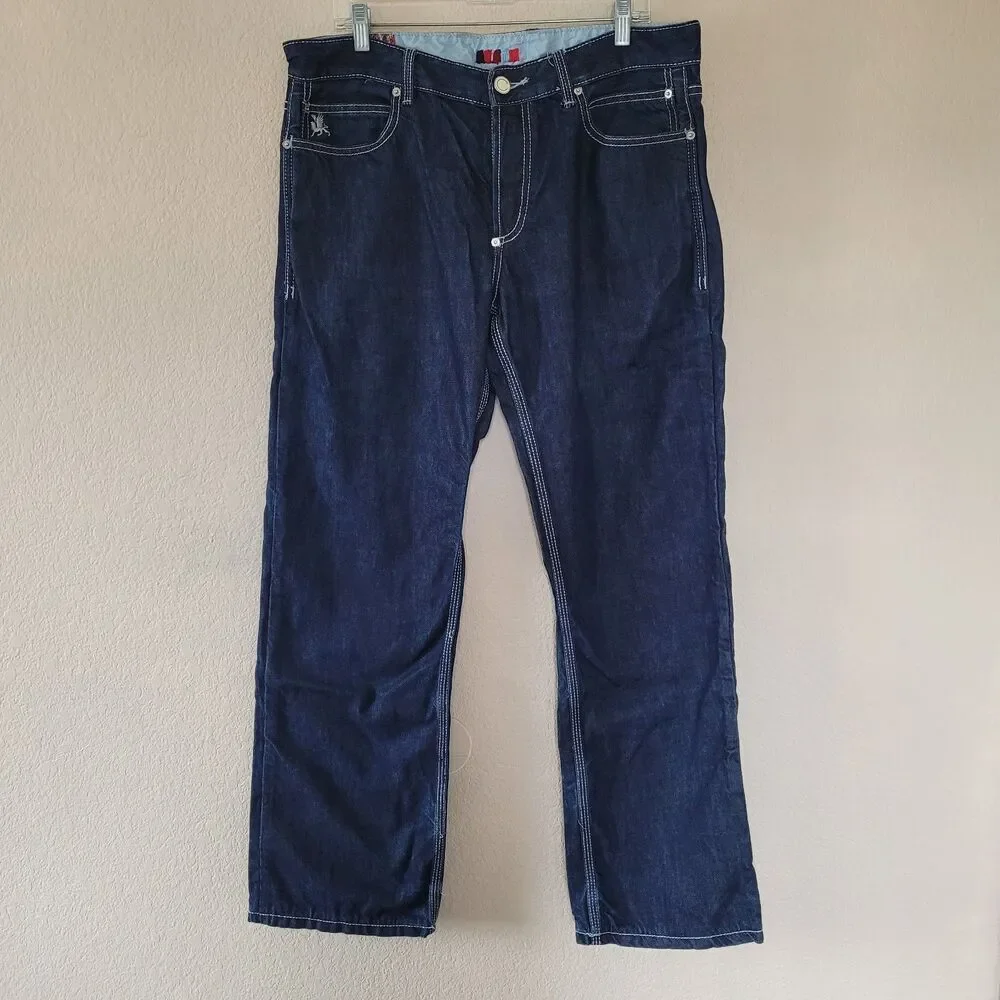 COOGI Jeans Straight Mens 36x34 Embroidered Pockets Denim Dark Blue Loose Baggy